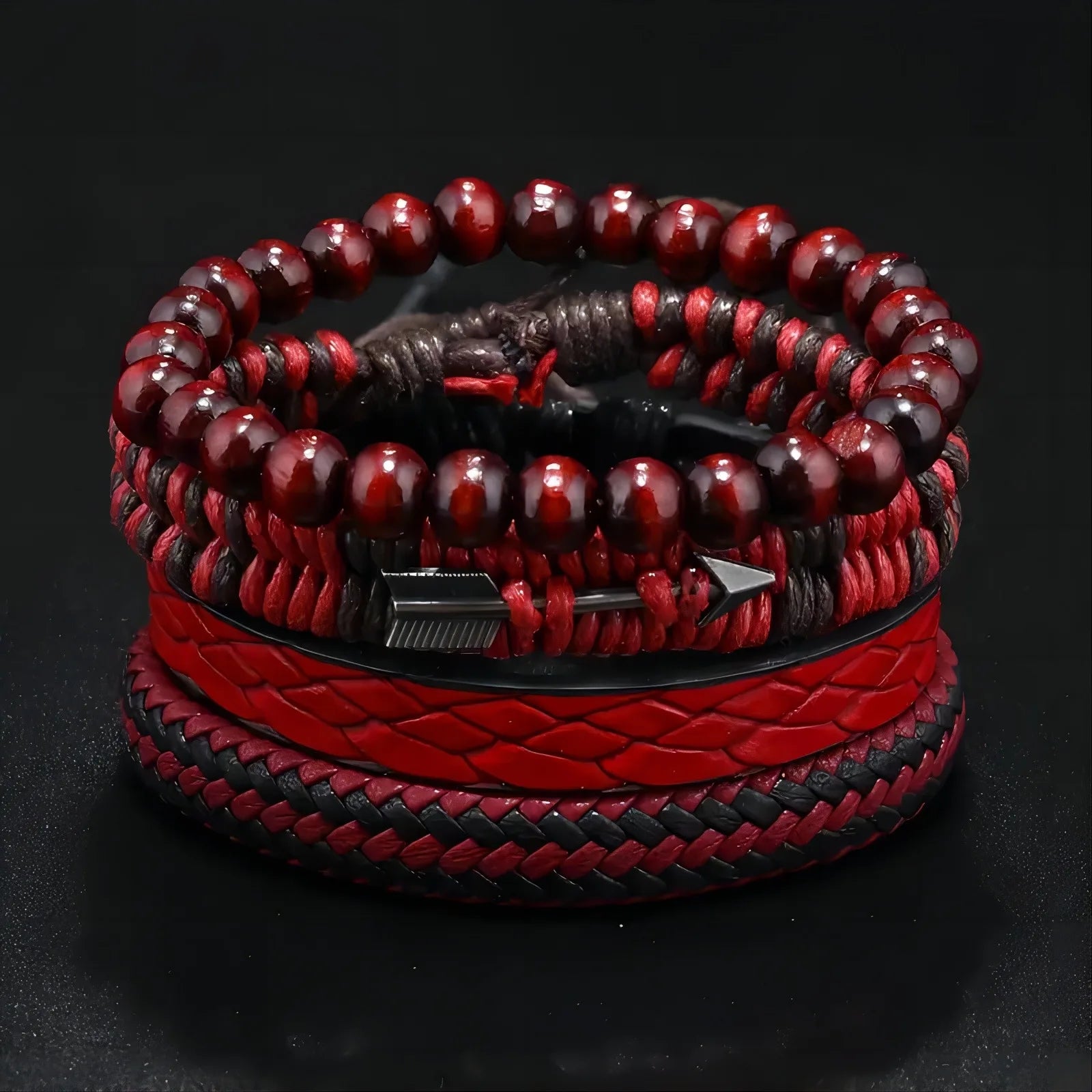 Vintage Hand-Woven Leather Bracelet for Men – Wooden Beads & Cupid Arrow Accent