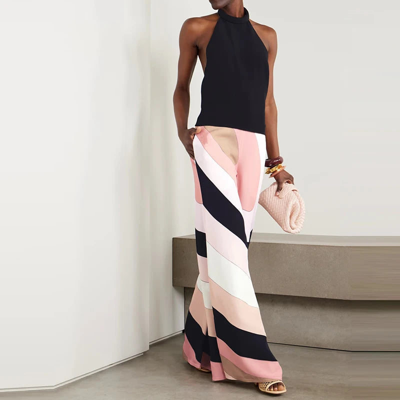 Vintage Contrast Sleeveless Wide-Leg Jumpsuit – Off-Shoulder Halter Backless Romper for Women