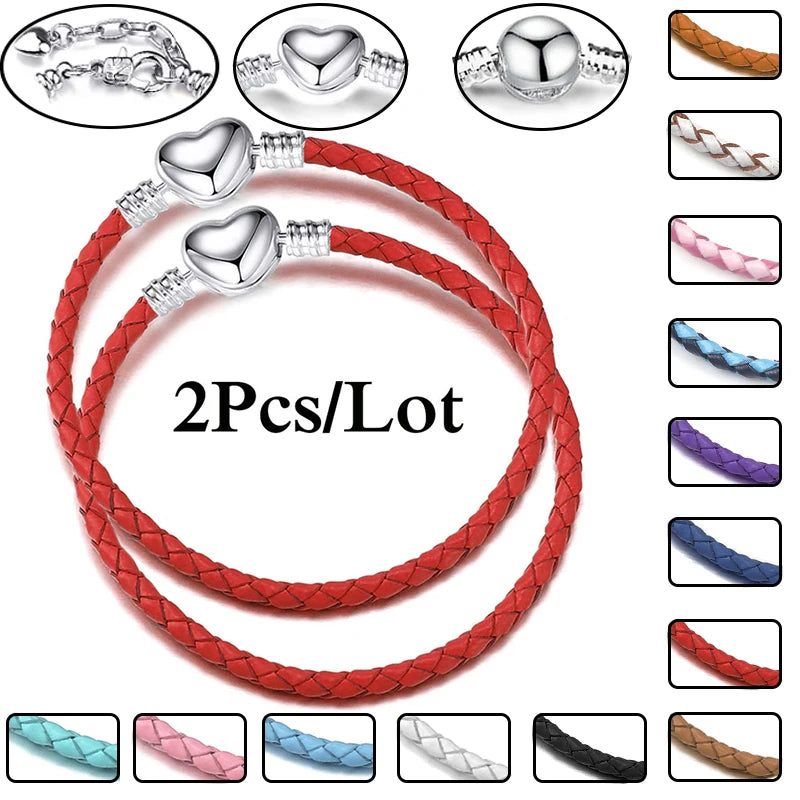 2-Pack Leather Chain Charm Bracelets with Beads – Handmade Couples Pulsera Jewelry (Unisex)