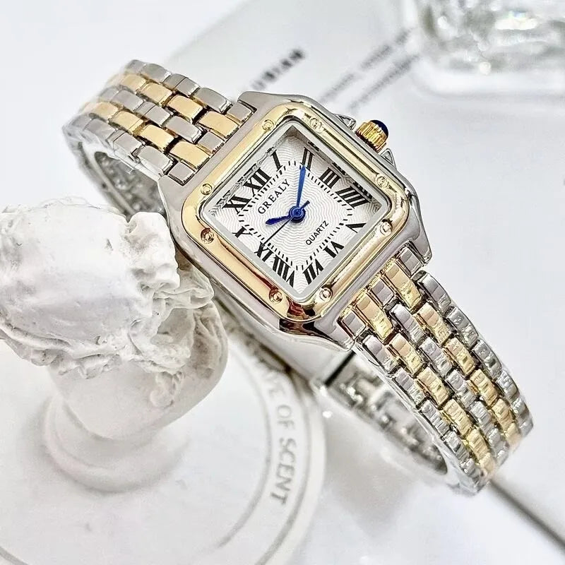 Women's Square Quartz Watch with Rhinestone Accents, 27mm Dial Stainless Steel Bracelet Casual Fashion Wristwatch