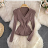 Women's Twist Front V-Neck Slim Knit Sweater Long Sleeve Pullover for Fall Winter