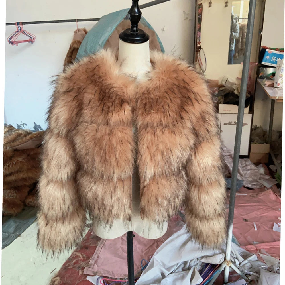 Light Brown Faux Fur Coat — Women's Short Raccoon-Style Winter Jacket with Quilted Lining