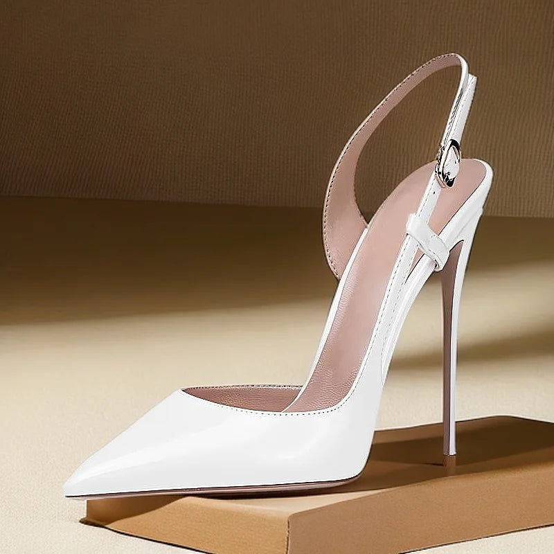 Black & White Patent Cutout Rear-Strap Stiletto Heels — Plus Size