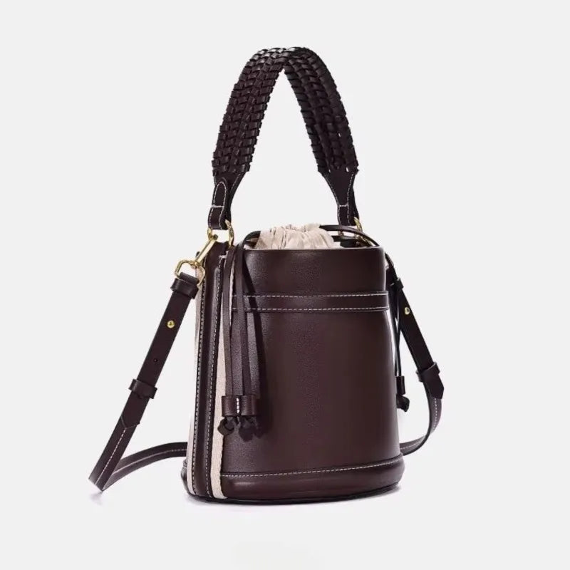 Small Woven Drawstring Bucket Bag for Women - Retro Stitching Shoulder & Crossbody Bag