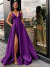Royal Blue Satin Halter Evening Gown Floor-Length A-Line Ball Dress with High Split