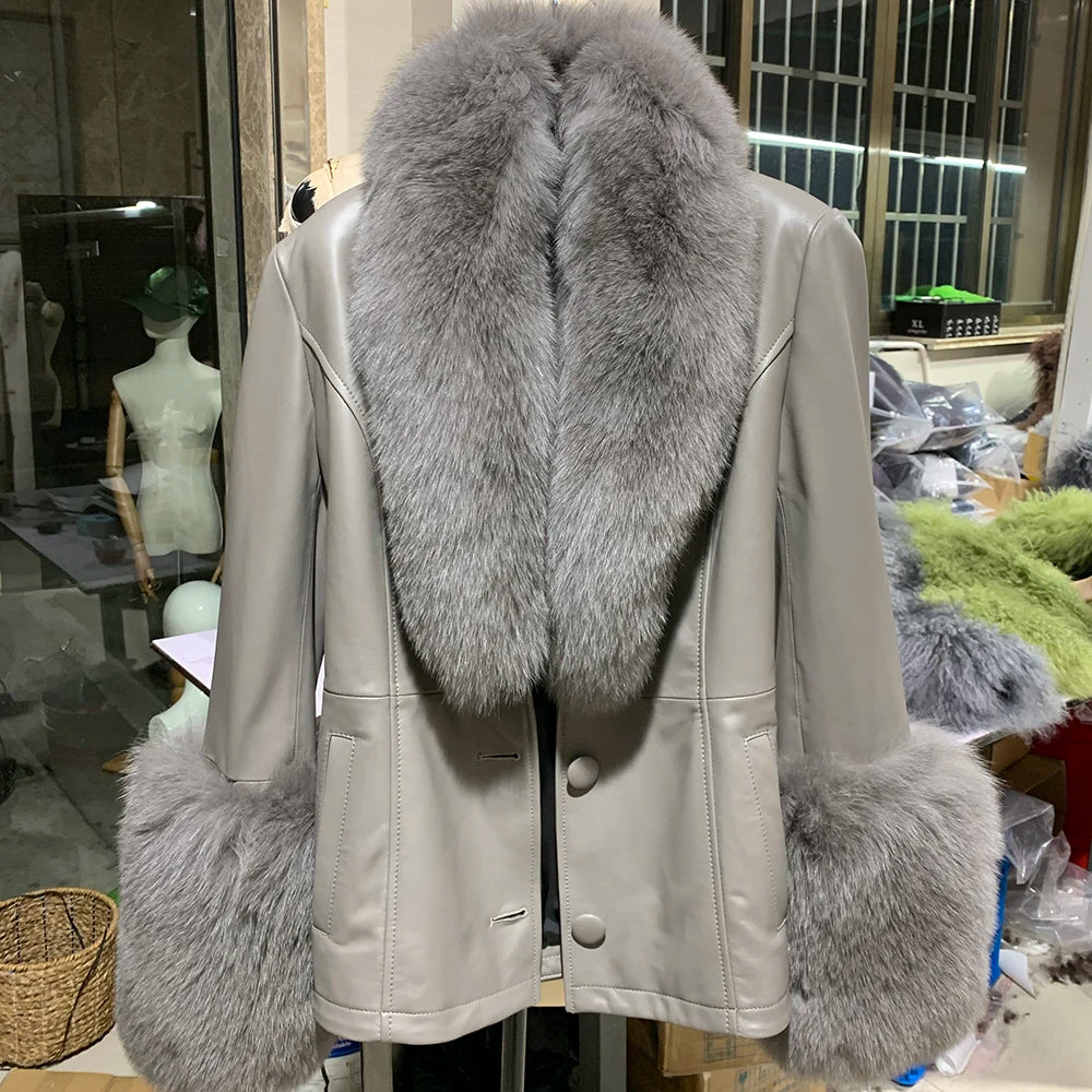 YOLOAgain Women's Genuine Sheepskin Leather Jacket with Real Fox Fur Detachable Collar & Sleeves - Belted Pockets, Autumn/Winter