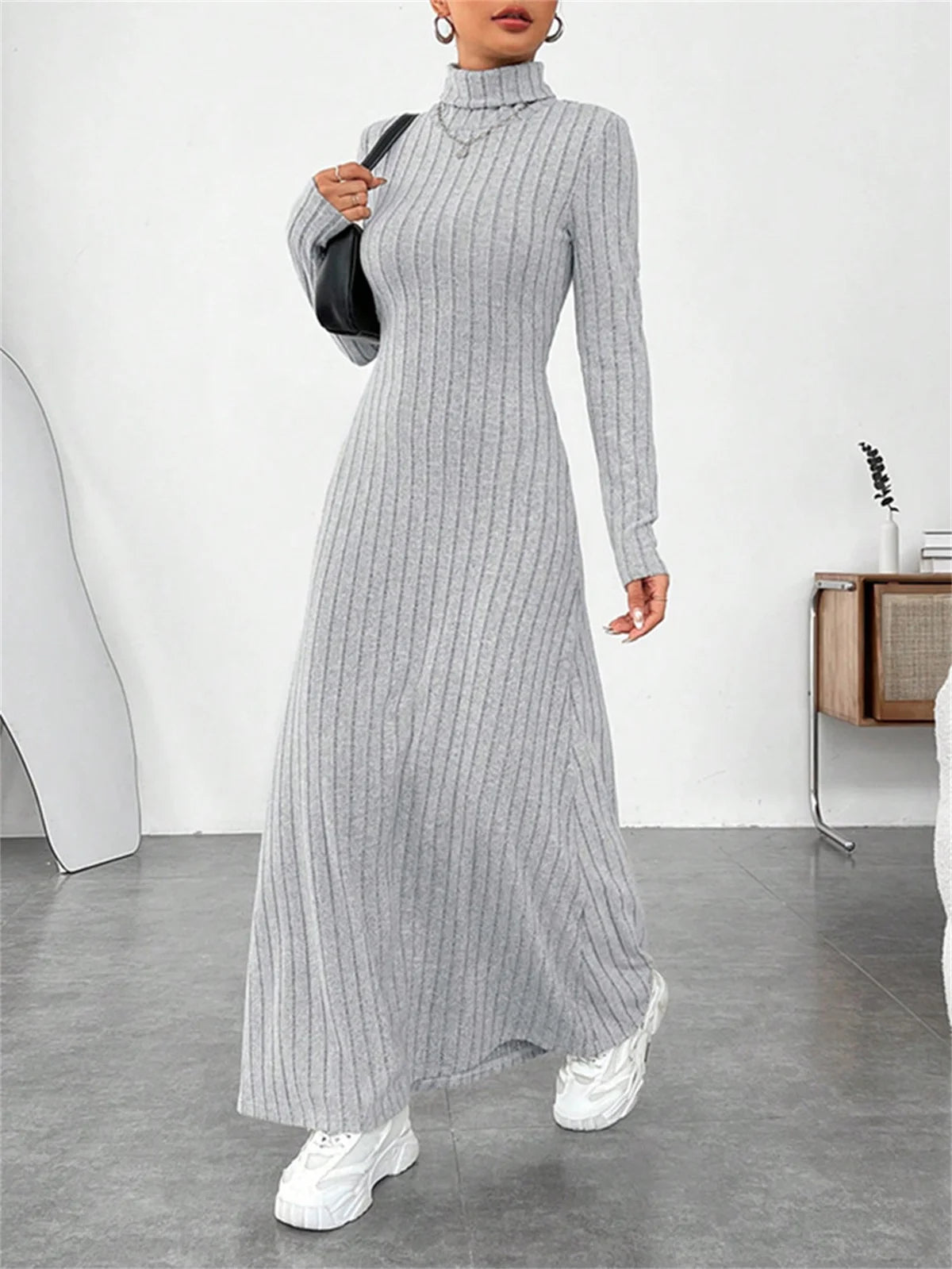 Knitted Turtleneck Long Sleeve Dress for Women - Vintage Slim Ankle-Length Knit, Autumn/Winter Casual Y2K