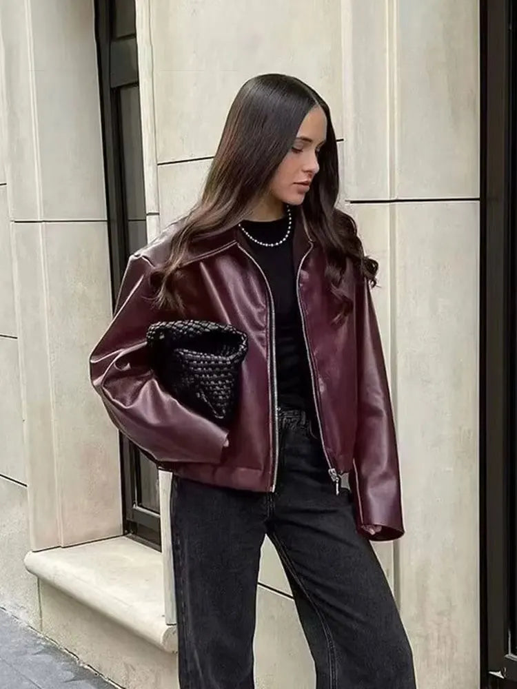 HH Wine Red Faux Leather Jacket for Women – PU Lapel Zipper Coat, Vintage Streetwear Autumn/Winter