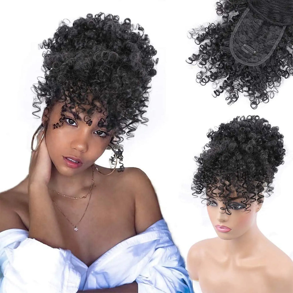 Afro Puff Drawstring Ponytail with Bangs – Short Curly Clip-In Wrap Updo, Heat-Resistant Synthetic Hair