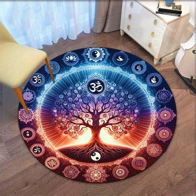 Mandala Tree of Life Om Round Rug – Plush Non-Slip Yoga & Meditation Mat, Boho Floor Mat (23–71 in / 60–180 cm)