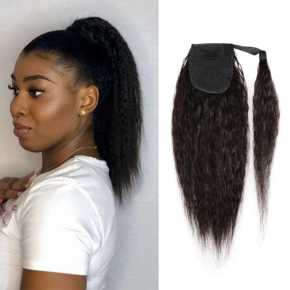 Kinky Straight Wrap-Around Clip-In Ponytail Extensions — 8–24 in (20–60 cm) Afro Kinky Brazilian Remy Human Hair