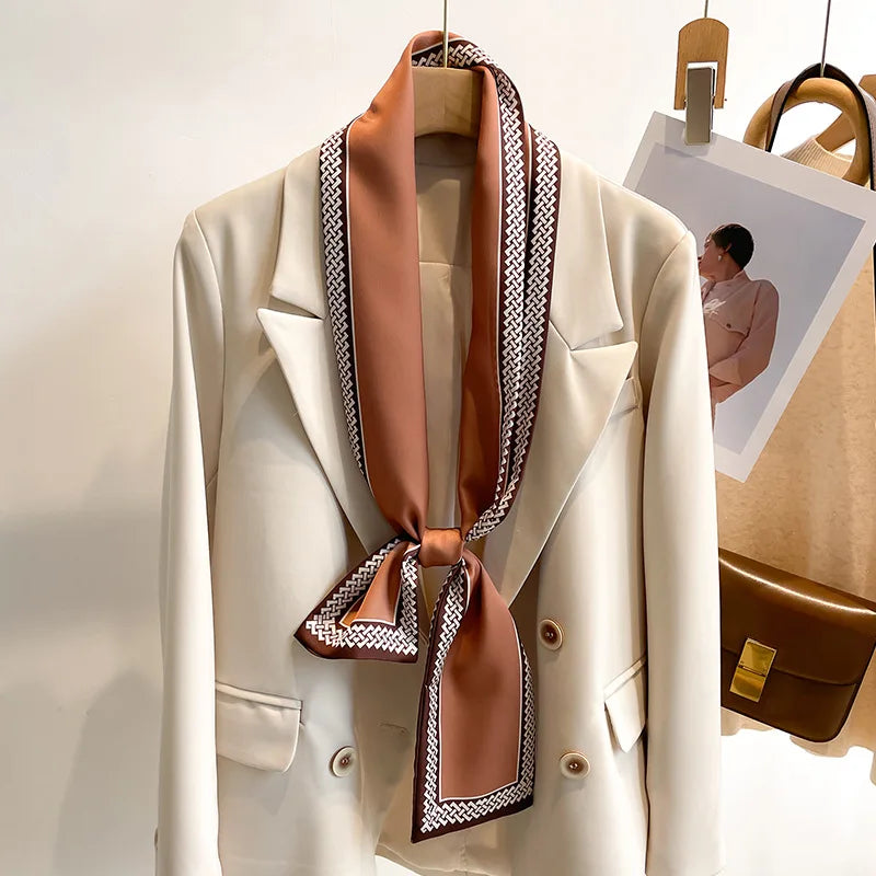 Women's Silk-Feel Printed Long Narrow Scarf 12 x 148 cm (4.7 x 58.3 in) - 50+ Colors | Headband & Shawl