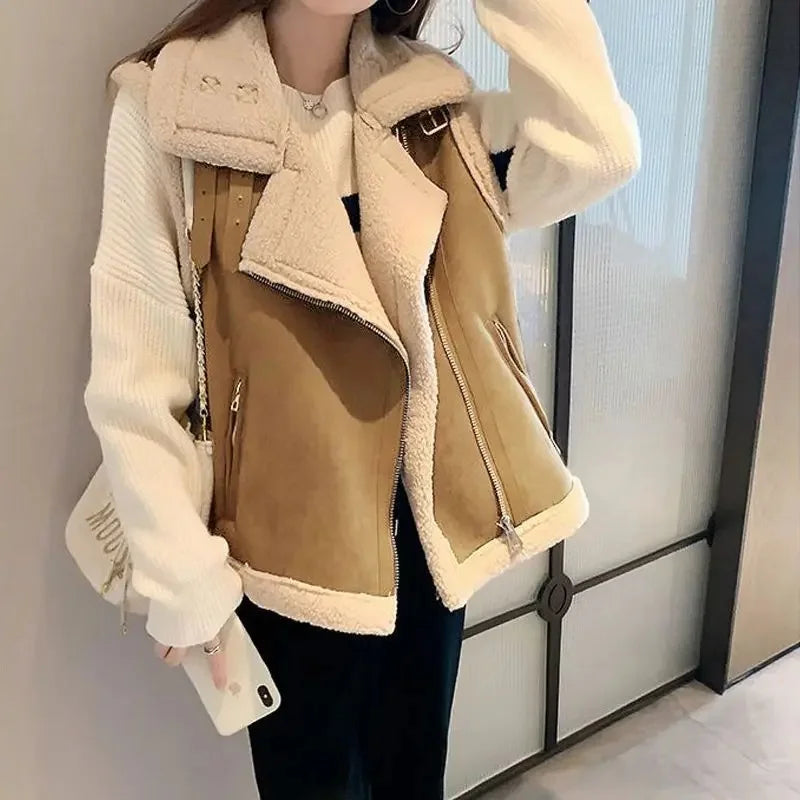 Women's Lamb Wool Vest – Korean-Style Loose Fit Zippered Fur Collar Outerwear for Autumn Winter
