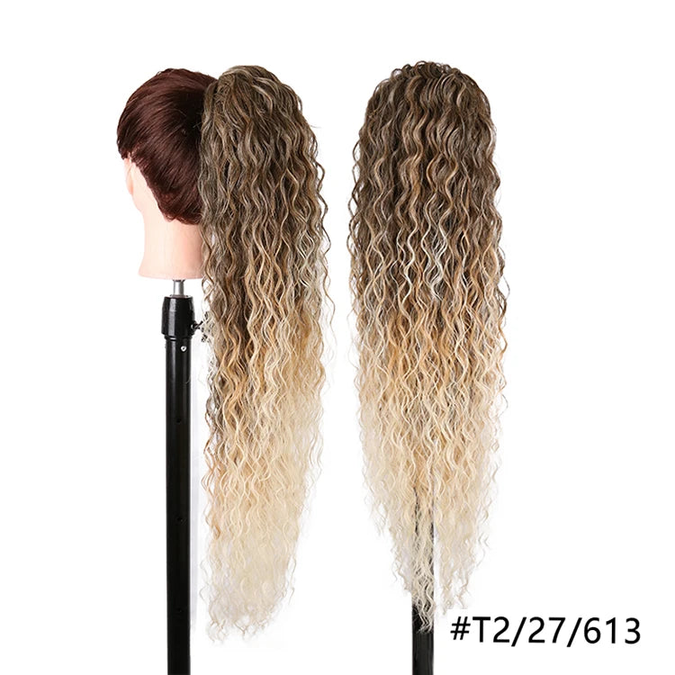 Long Ombre Blonde Synthetic Clip-In Braided Wavy Ponytail Hairpiece — Black to Brown Hair Extension