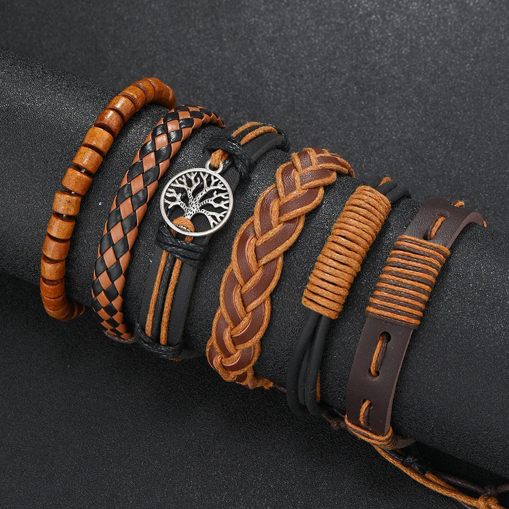6-Pack Red & Black Handmade Wrap Leather Bracelets with Wood Beads - Adjustable Unisex Boho Bangle Set