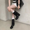 Pleated Buckle Ankle Riding Boots for Women Brown PU Leather Slip-On Chunky Low Heel