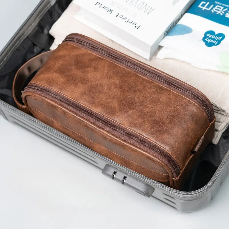 Men's PU Leather Toiletry Bag - Waterproof Travel Dopp Kit with Zipper, Portable Business Clutch