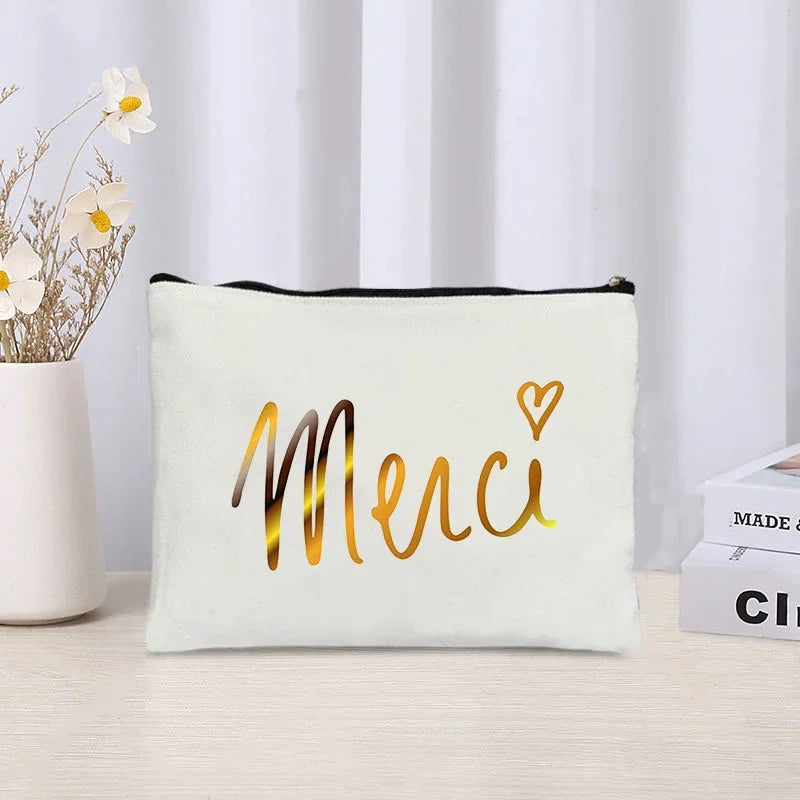 Thank You Makeup Bag Cosmetic Pouch - Merci Teacher Gift Travel Zipper Canvas Pouch (22 x 14 cm / 8.7 x 5.5 in)