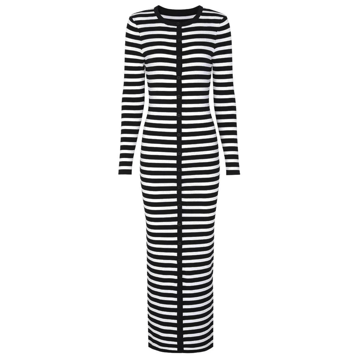 ZJYT Striped Knit Midi Sweater Dress – O-Neck Long Sleeve Slim Straight Casual Autumn/Winter Dress for Women