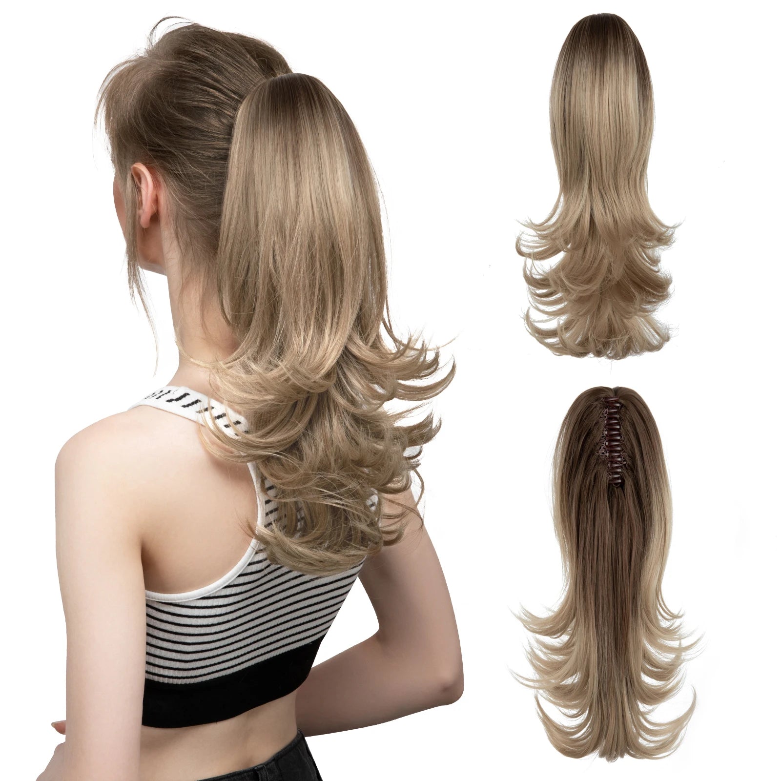 14-Inch (35 cm) Wavy Clip-In Ponytail Extension – Synthetic Claw Clip with Elastic Band, 1 Piece (Blonde/Black)