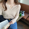Women's Autumn Winter Knit V-Neck Sweater - Slim Long Sleeve Pullover for Casual & Office