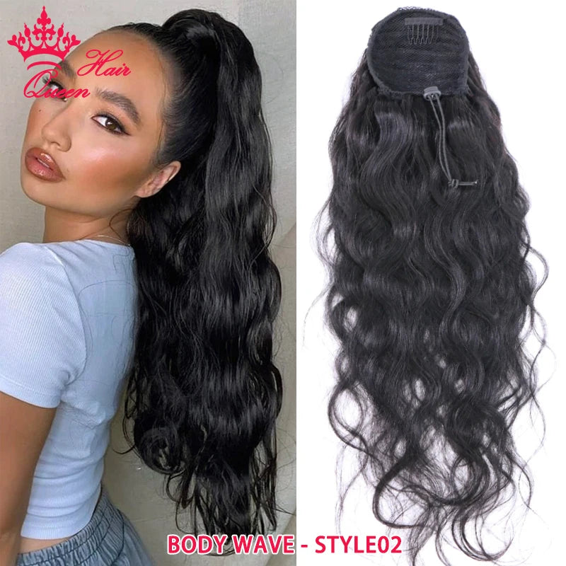 Clip-In Drawstring Human Hair Ponytail – 100g (3.5 oz) Brazilian Virgin Hair, Straight & Body Wave