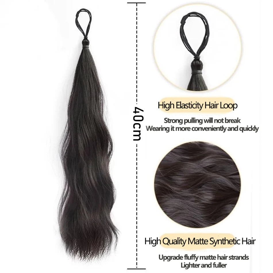 Long Wavy Synthetic Ponytail Extension 40cm (≈16 in) - Self-Winding Braided Wrap with Elastic Band