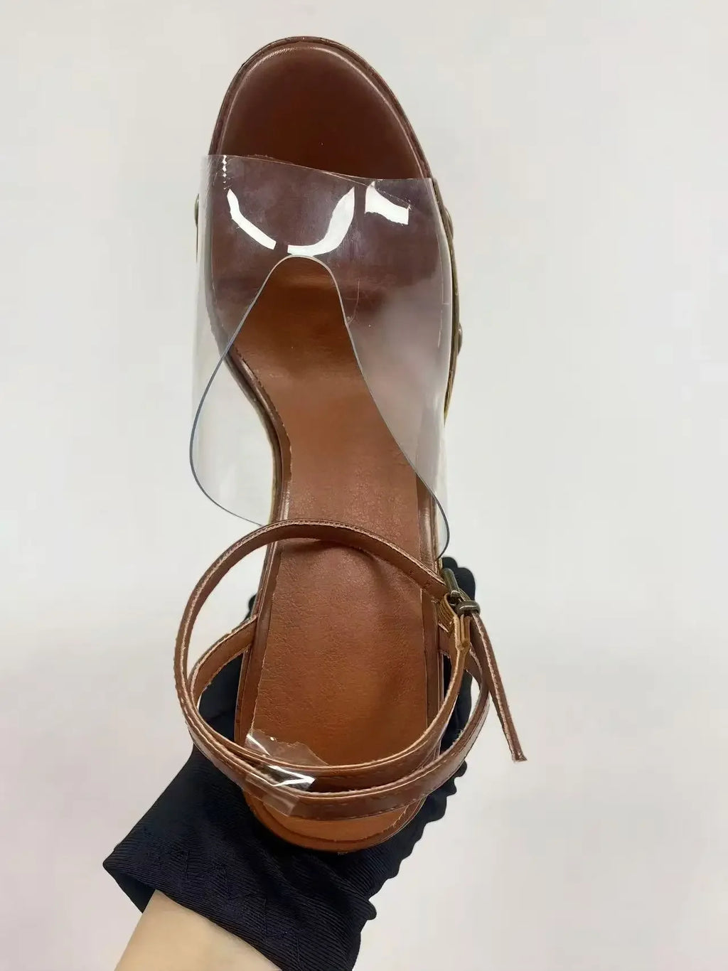 Women's Woodgrain Chunky Sandals – Square Block Heel 14 cm (5.5 in), Waterproof, Rivet & Rhinestone Accents, Metal Buckle