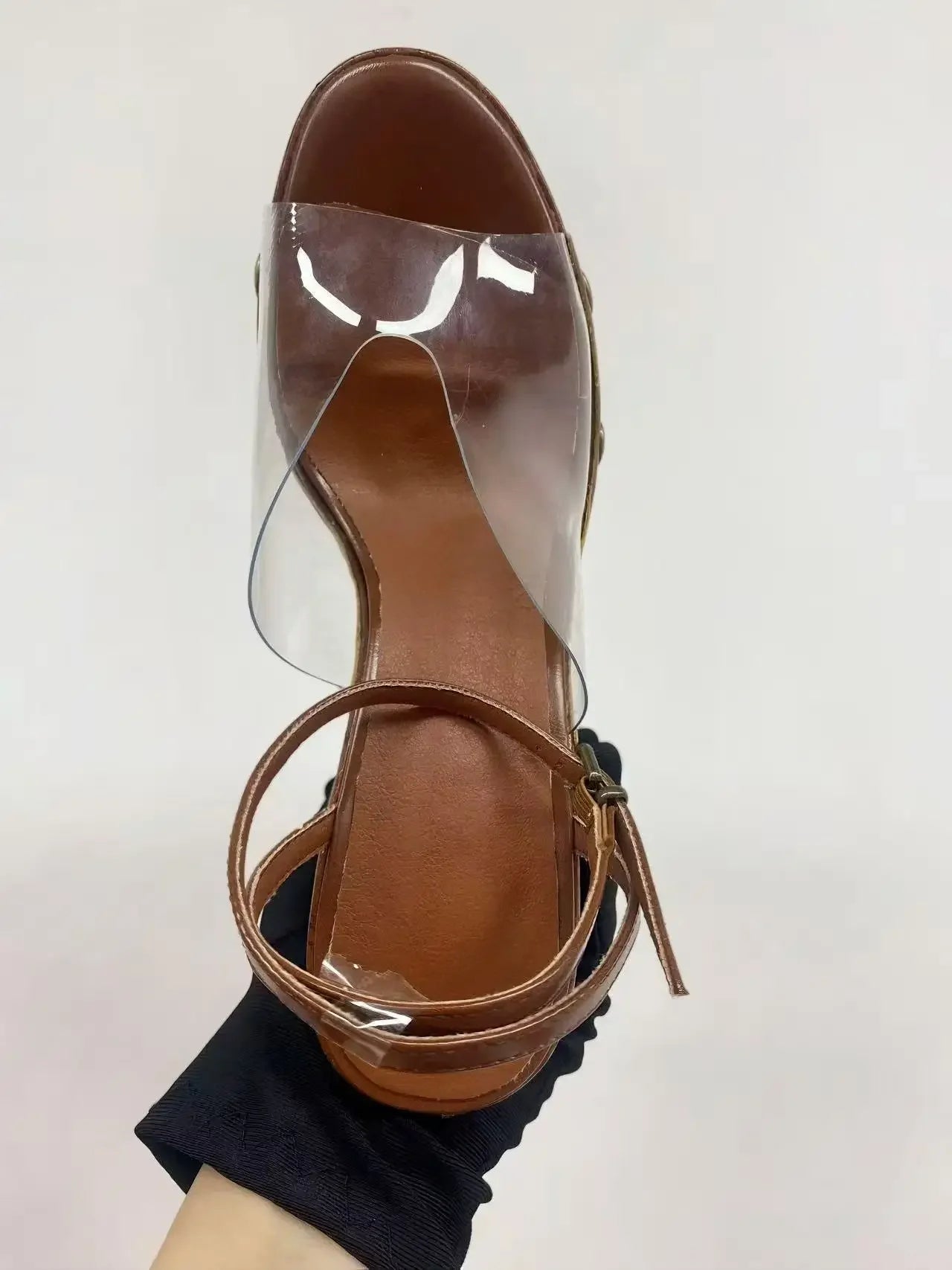 Women's Woodgrain Chunky Sandals – Square Block Heel 14 cm (5.5 in), Waterproof, Rivet & Rhinestone Accents, Metal Buckle