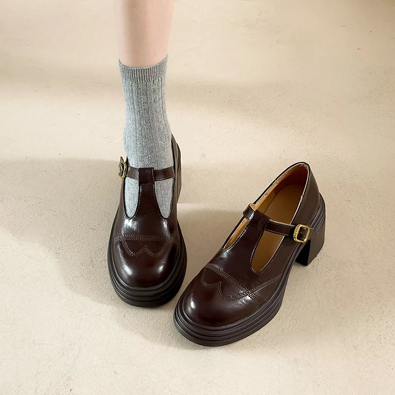 Women's T-Strap Mary Jane Pumps Chunky Square Heel 2–3 in (5–8 cm) Platform PU Round-Toe Buckle