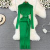 YUOOMUOO Turtleneck Wrap Midi Knit Sweater Dress with Belt - Long Sleeve Bodycon, Autumn/Winter, One Size