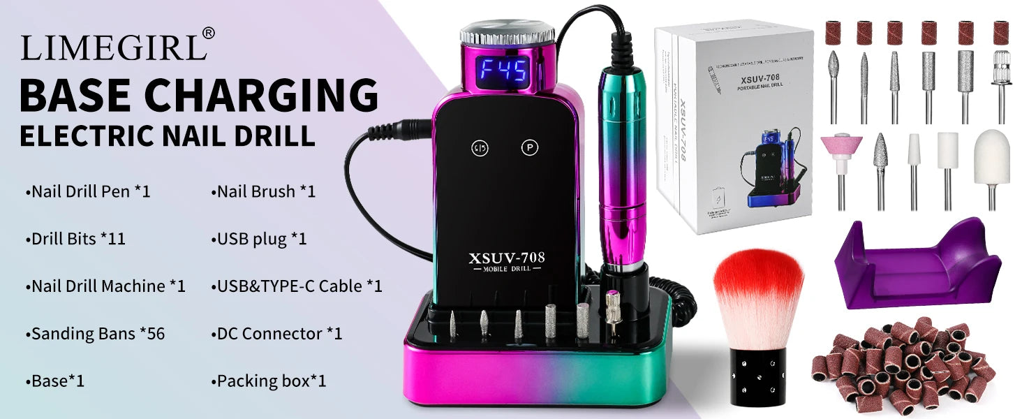 45,000 RPM Electric Nail Drill Kit — Professional Manicure & Pedicure Nail File Set with 11 Bits, Low Noise LCD, USB