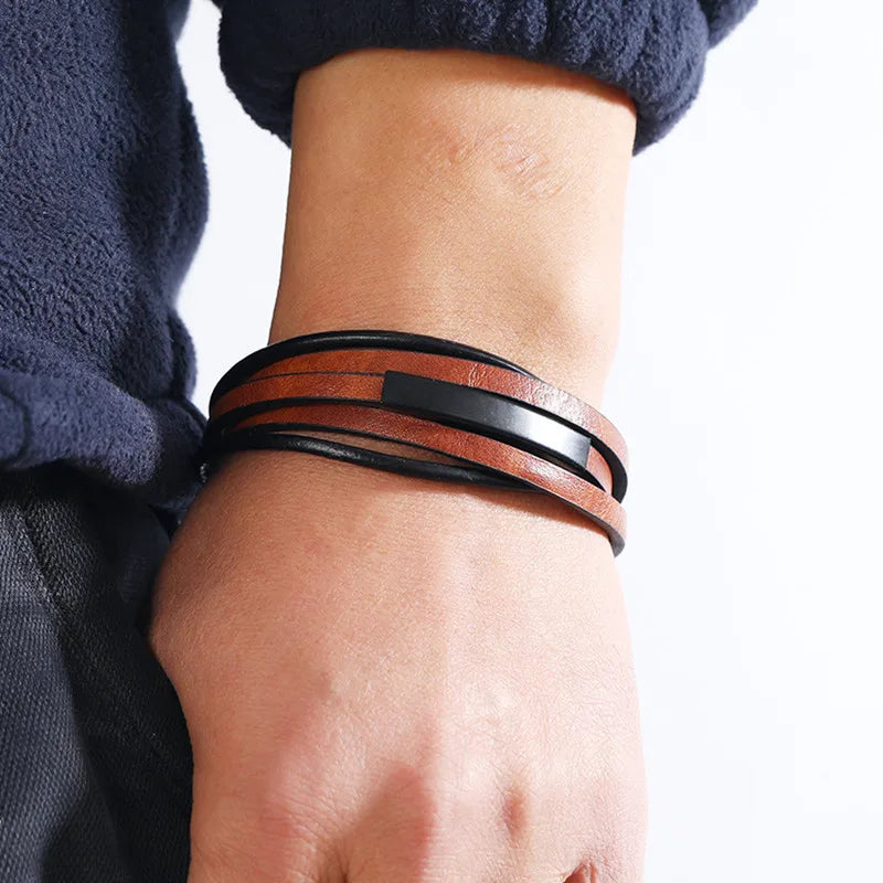 Men's Multilayer Braided Leather Bracelet with Magnetic Alloy Clasp - Retro Punk