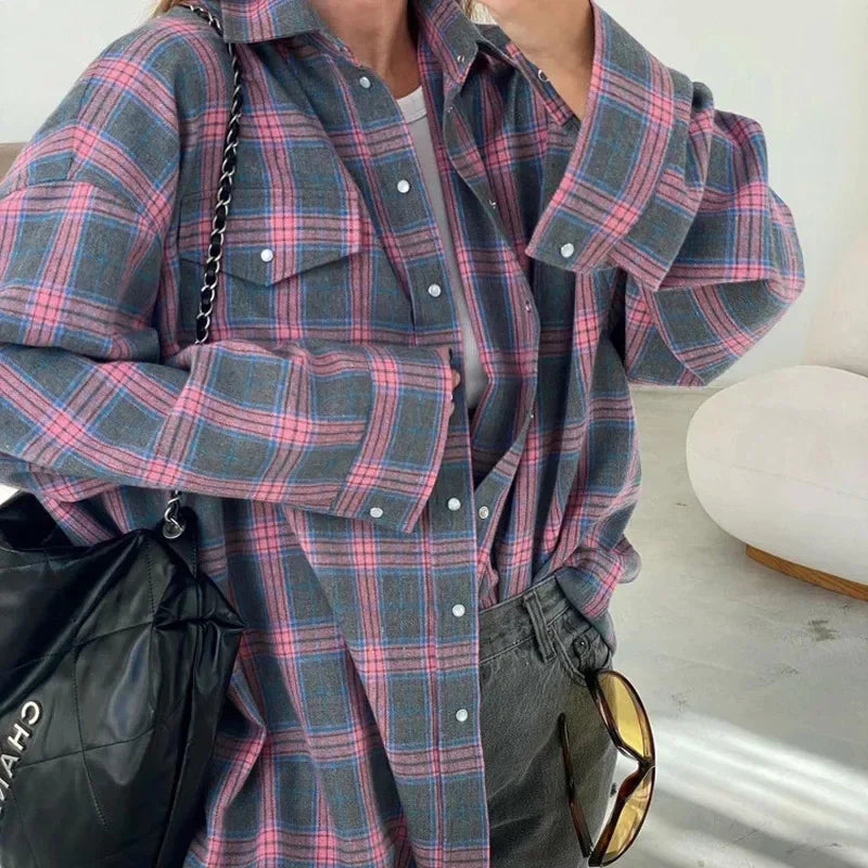 Oversized Women's Plaid Button-Down Shirt - Long Sleeve Tunic Blouse with Pockets, Korean Style Autumn/Winter