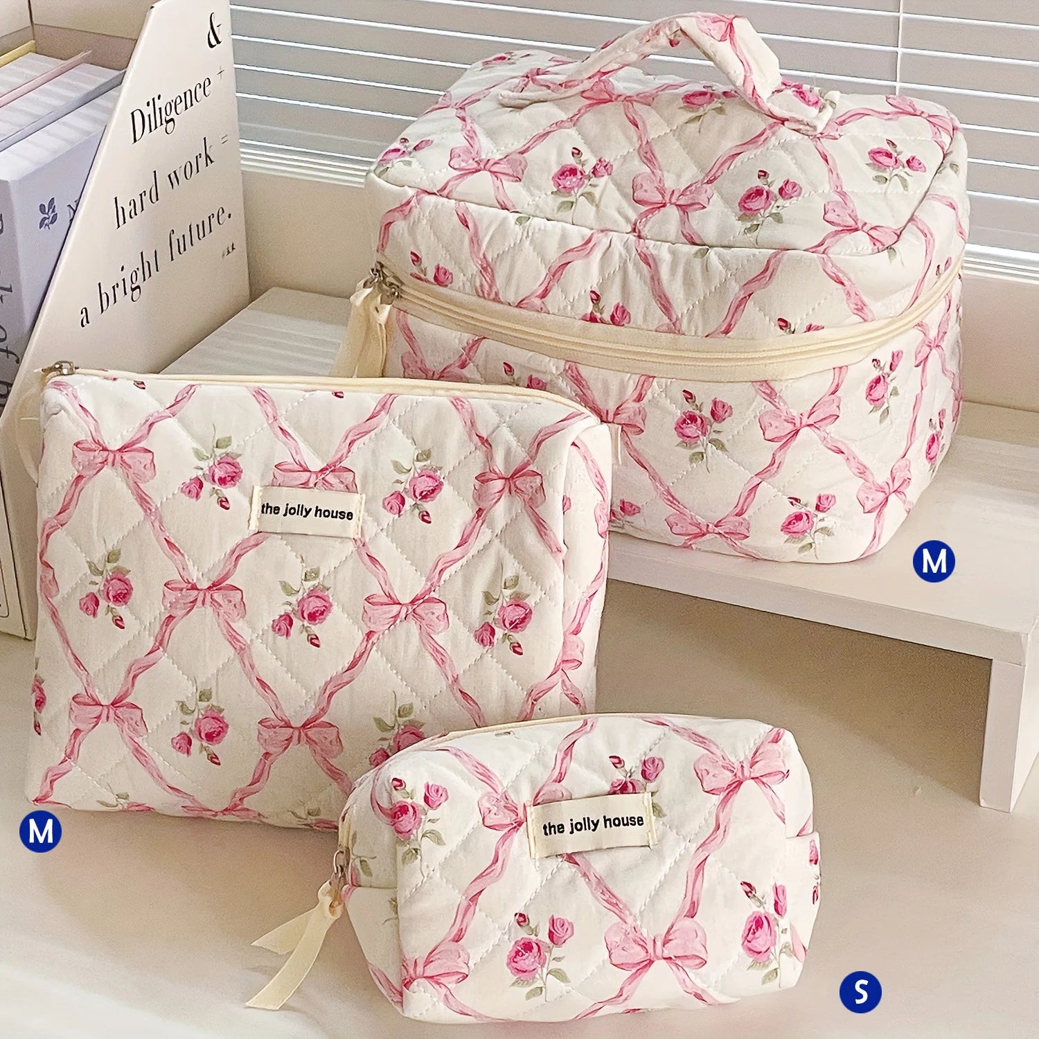 Quilted Cotton Makeup Bag – Zipper Cosmetic Organizer Box-Shaped Toiletry Case for Women & Girls