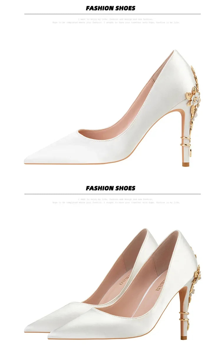 Women's Satin Pointed-Toe Stiletto Pumps with Metal Flower Detail — High Heel Wedding Shoes
