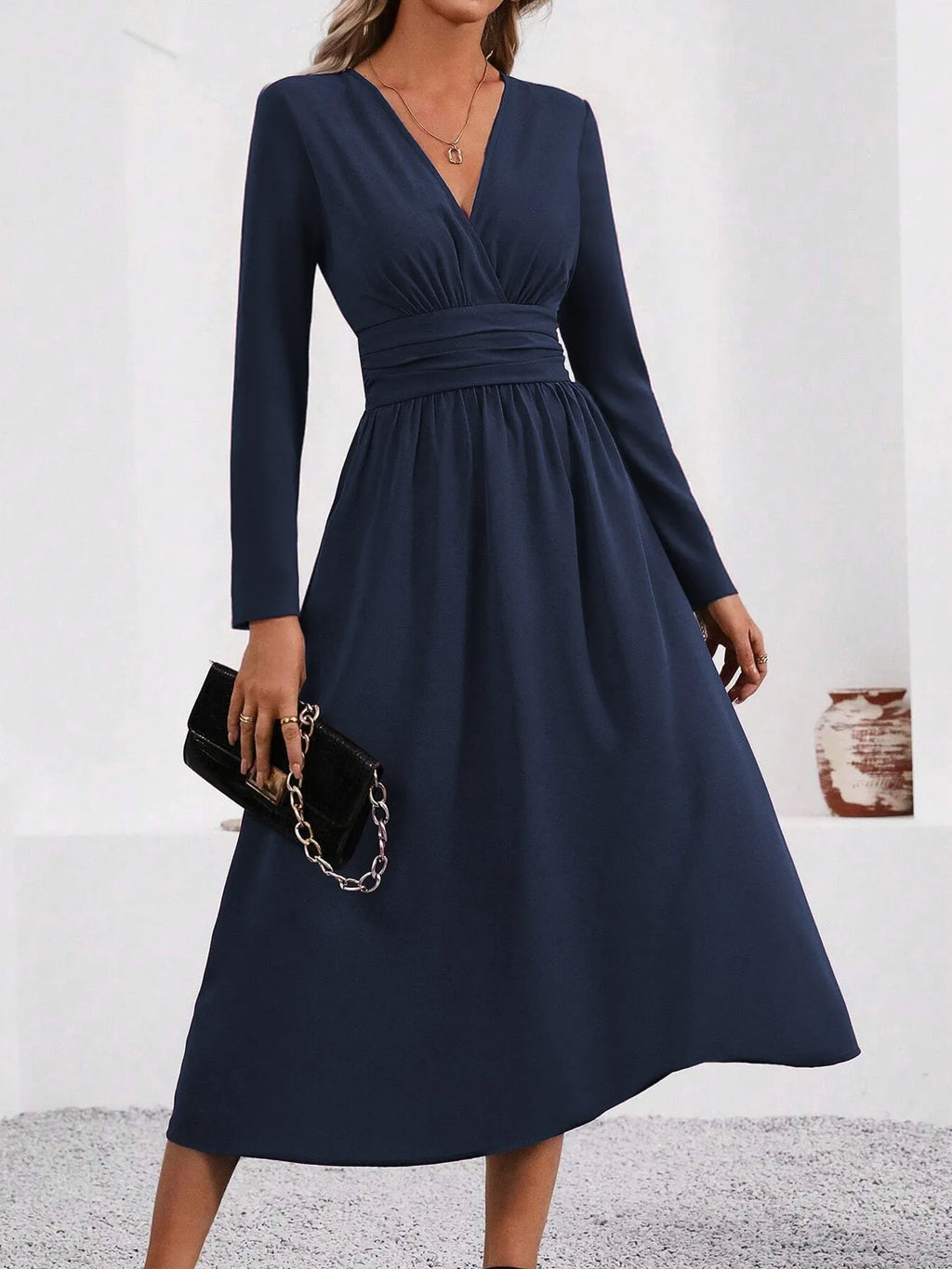 Women's Knit V-Neck Long Sleeve Midi Maxi Dress with Shirred Waist - Fall/Winter Solid Color