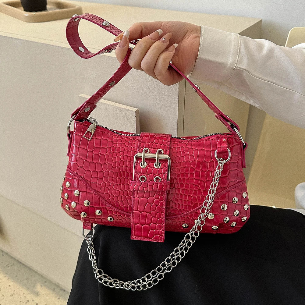 Vintage Gothic PU Leather Baguette Shoulder Bag with Chain and Rivets - Women's Underarm Sling Purse