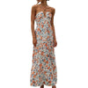 Women's Boho Chiffon Halter V-Neck Sleeveless Tiered A-Line Maxi Dress — Backless Beach Dress