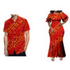 Women's Plus Size Double-Layer Ruffle Sleeve Fishtail Mermaid Maxi Dress, Polynesian Print Ankle-Length