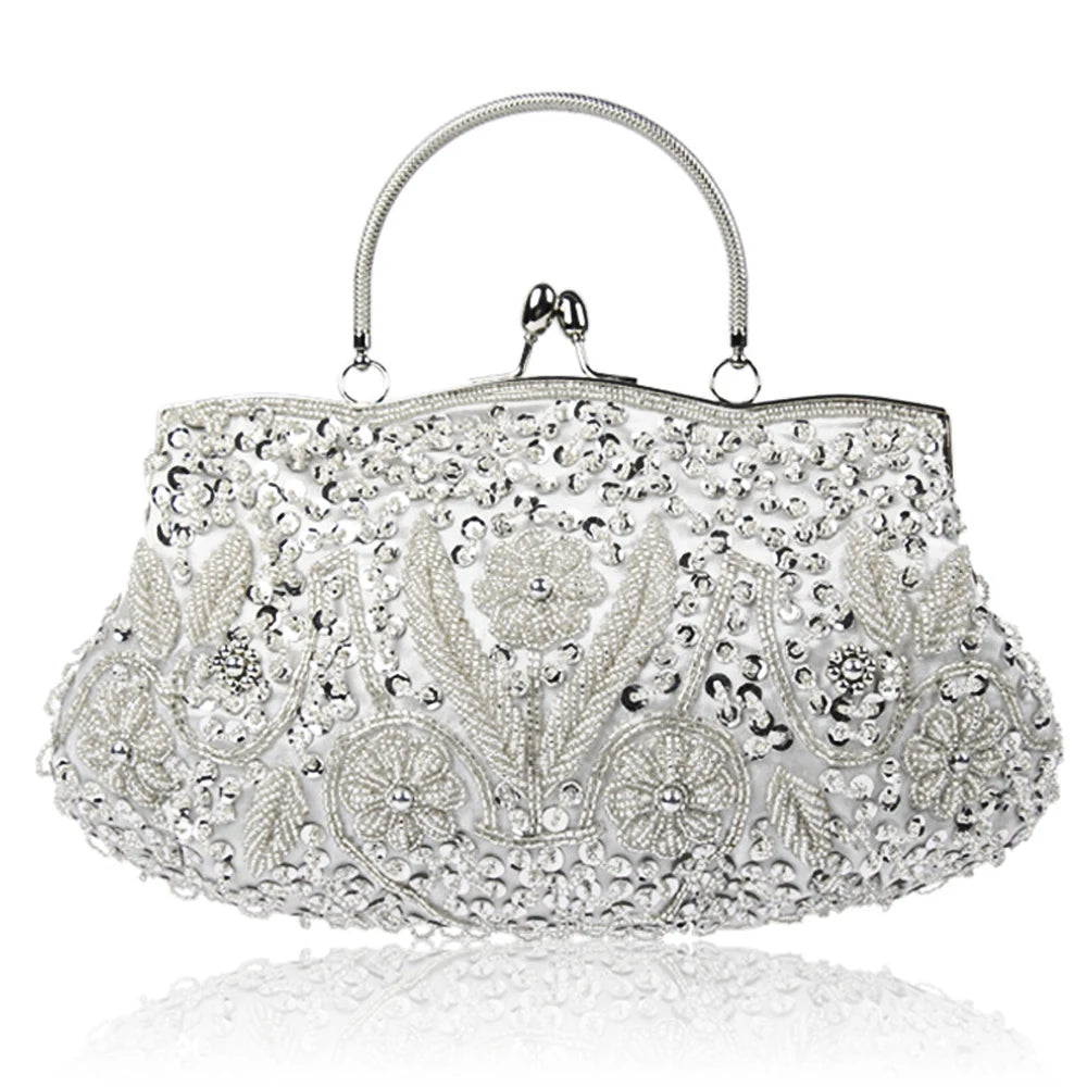 Retro Beaded Evening Clutch - Floral Sequin Wedding Party Handbag with Chain Strap