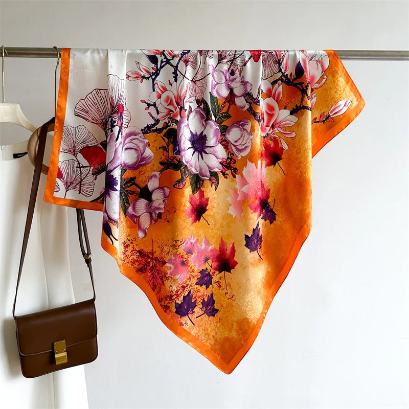 90 x 90 cm (35 x 35 in) Twill Silk-Feel Square Scarf – Women’s Luxury Tree Print Head Scarf, Shawl, Hijab, Bandana