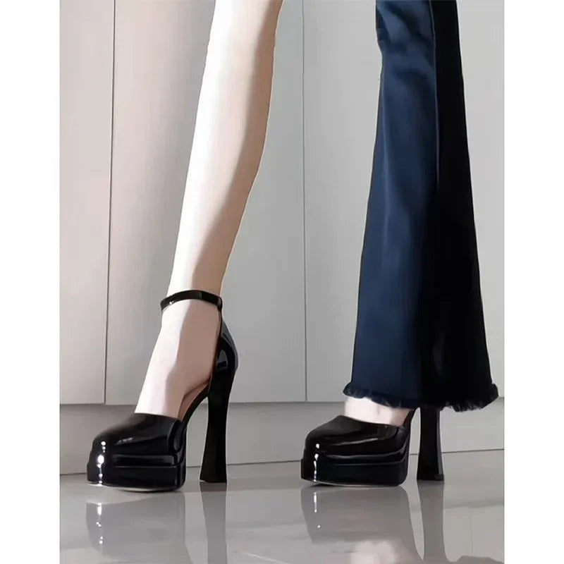 Women's Waterproof Patent PU Platform Sandals – 11 cm (4.3") Chunky Heel, Buckle Strap, White, EU 35-42