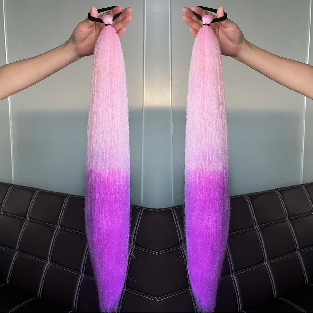 Long Straight Synthetic Ponytail Extension with Elastic Tie – Colorful Braided Hairpiece for Women