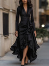 Women's Deep V-Neck Ruffled Satin Evening Gown — Long Sleeve Lace-Up High Waist A-Line Party & Wedding Guest Dress