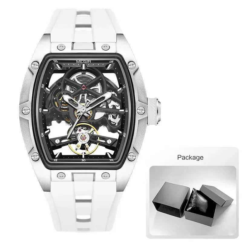 MEGIR Automatic Mechanical Men's Skeleton Watch 40-44mm (1.57-1.73 in) Stainless Steel Tonneau Case Silicone Strap 3ATM Water Resistant