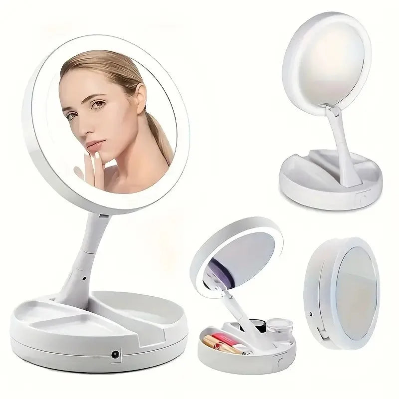 Foldable LED Vanity Mirror with Protective Box, Dual-Sided 1X and 10X Magnification, Adjustable Brightness, Compact Travel Makeup Mirror, White