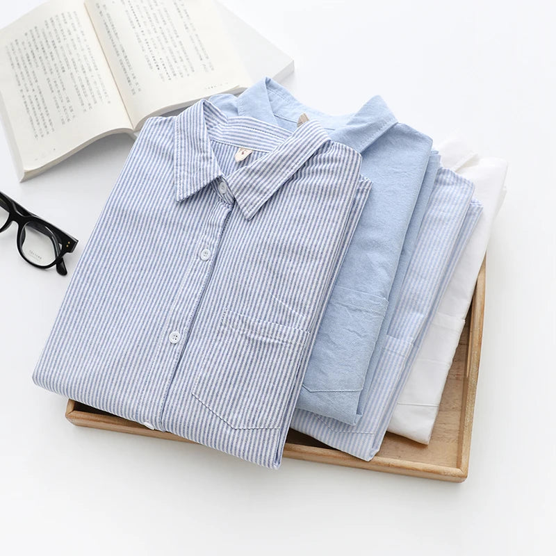 Women's Cotton Oxford Shirt - Casual Long-Sleeve Striped Blouse in White & Blue