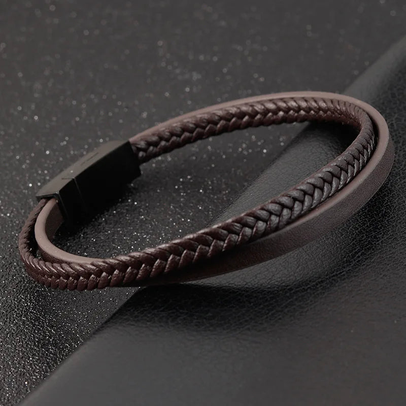 Men's Black Genuine Leather Double-Layer Braided Bracelet with Stainless Steel Accent – Sizes 18.5/20.5/22 cm (7.3/8.1/8.7 in)