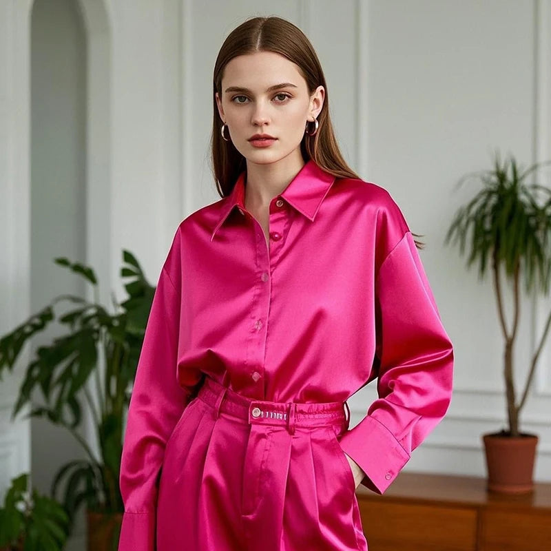 Korean Slim Satin Blouse for Women, Office Casual Long Button Shirt Solid Multicolor